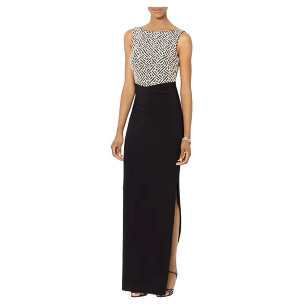 Lauren Ralph Lauren Geo Sequin Jersey Knit Gown Maxi Dress Size 4 Black Ruched